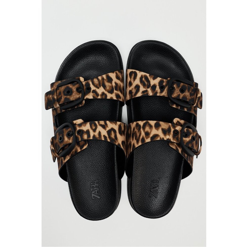 Zara Leopard Animal Print Double Buckle Sandals - Size 8 - NWT